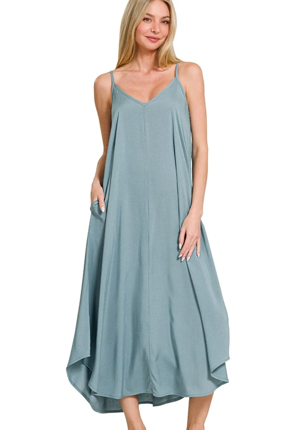 Blue-grey Zenana woven cami dress with arc hem and flowy pockets, stylish and comfortable for casual wear.