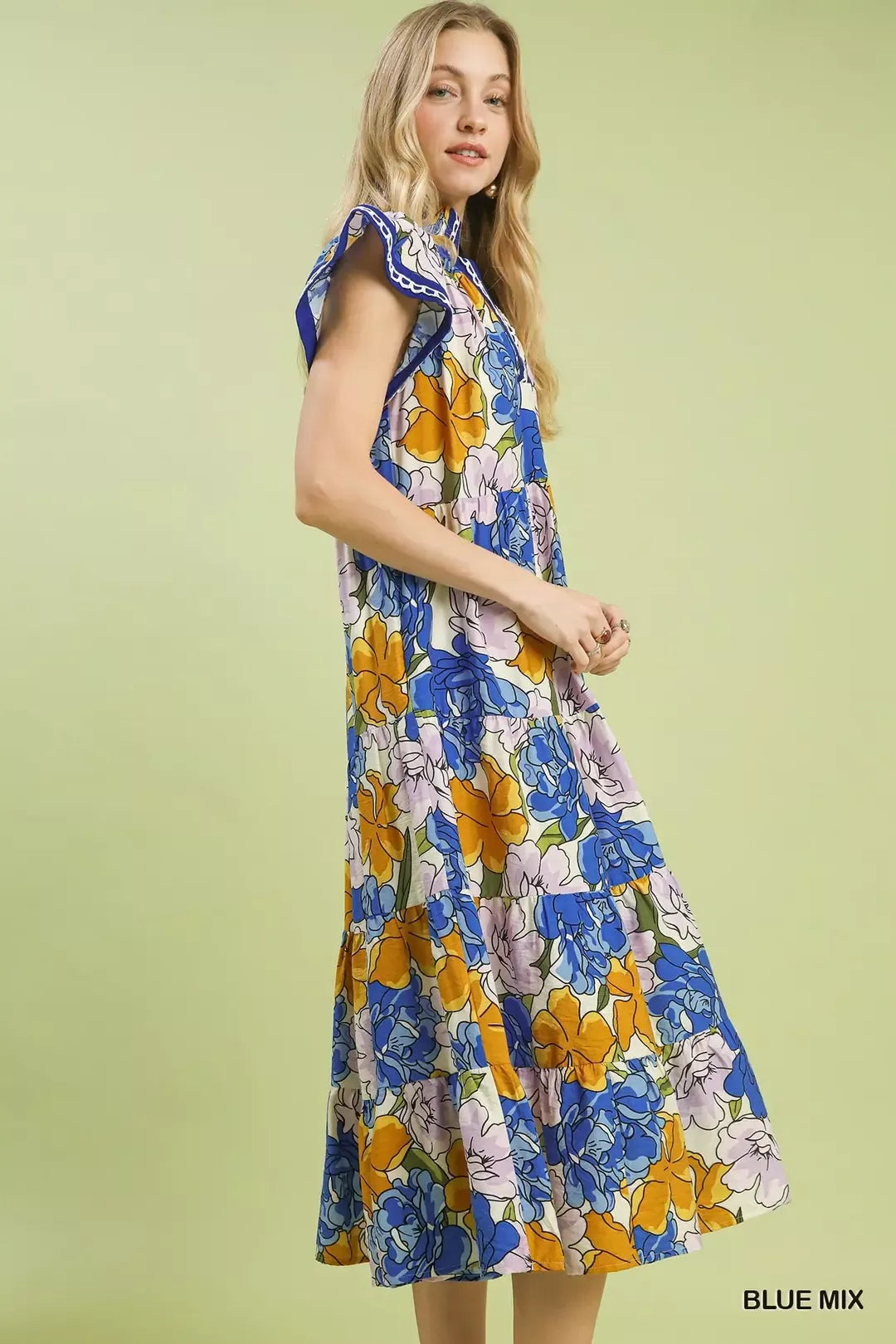 Blue Umgee Mix Bold Floral Tiered Midi Dress with a flowing, tiered silhouette and vibrant floral pattern.