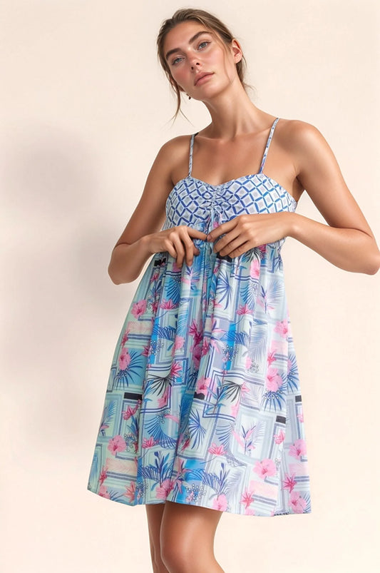 Blue and pink tropical floral geo print tie-back tube top romper by Davi & Dani, perfect for summer wear.