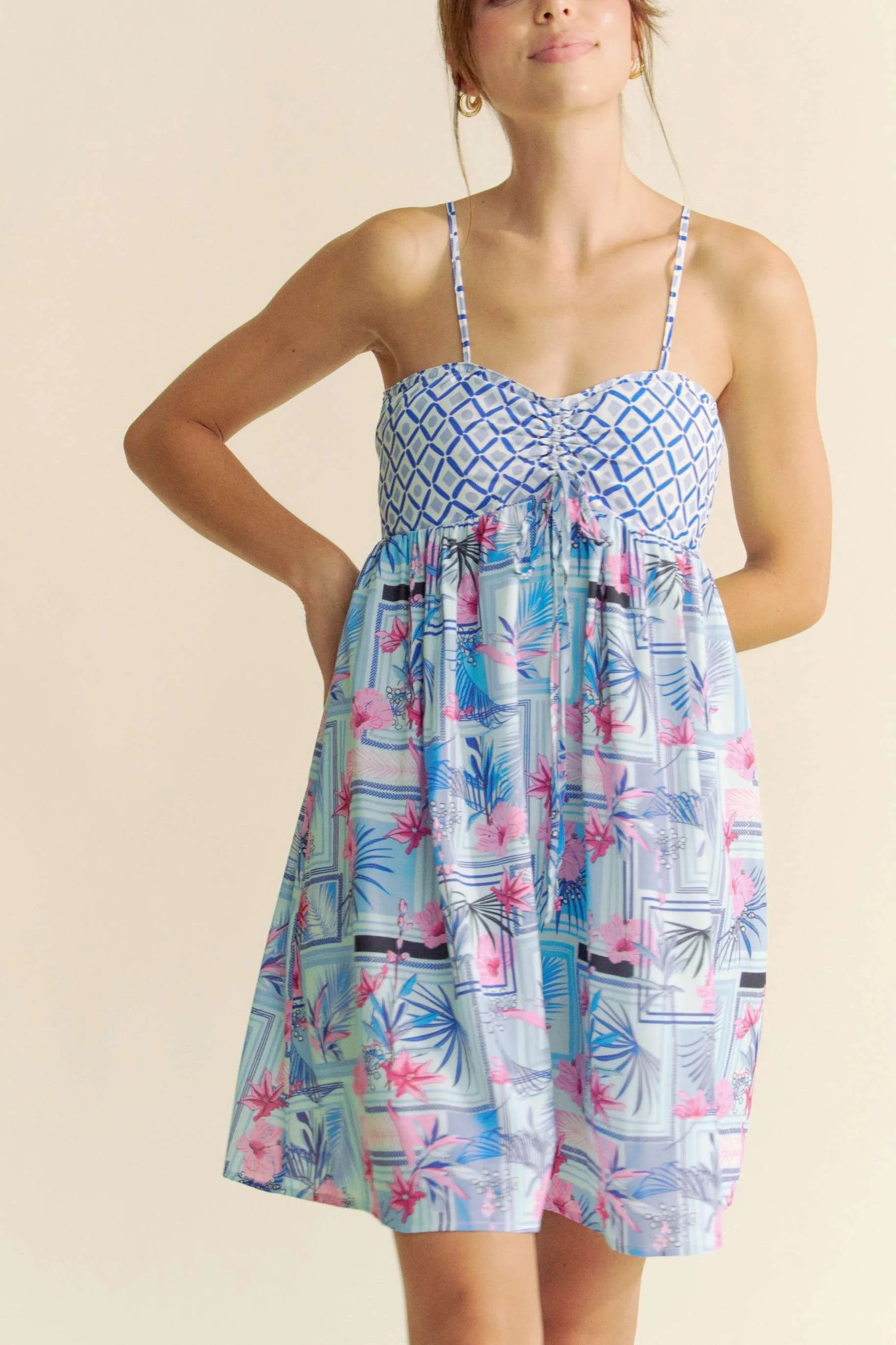 Blue and pink tropical floral geo print tie-back tube top romper by Davi & Dani, perfect for warm weather and casual wear.