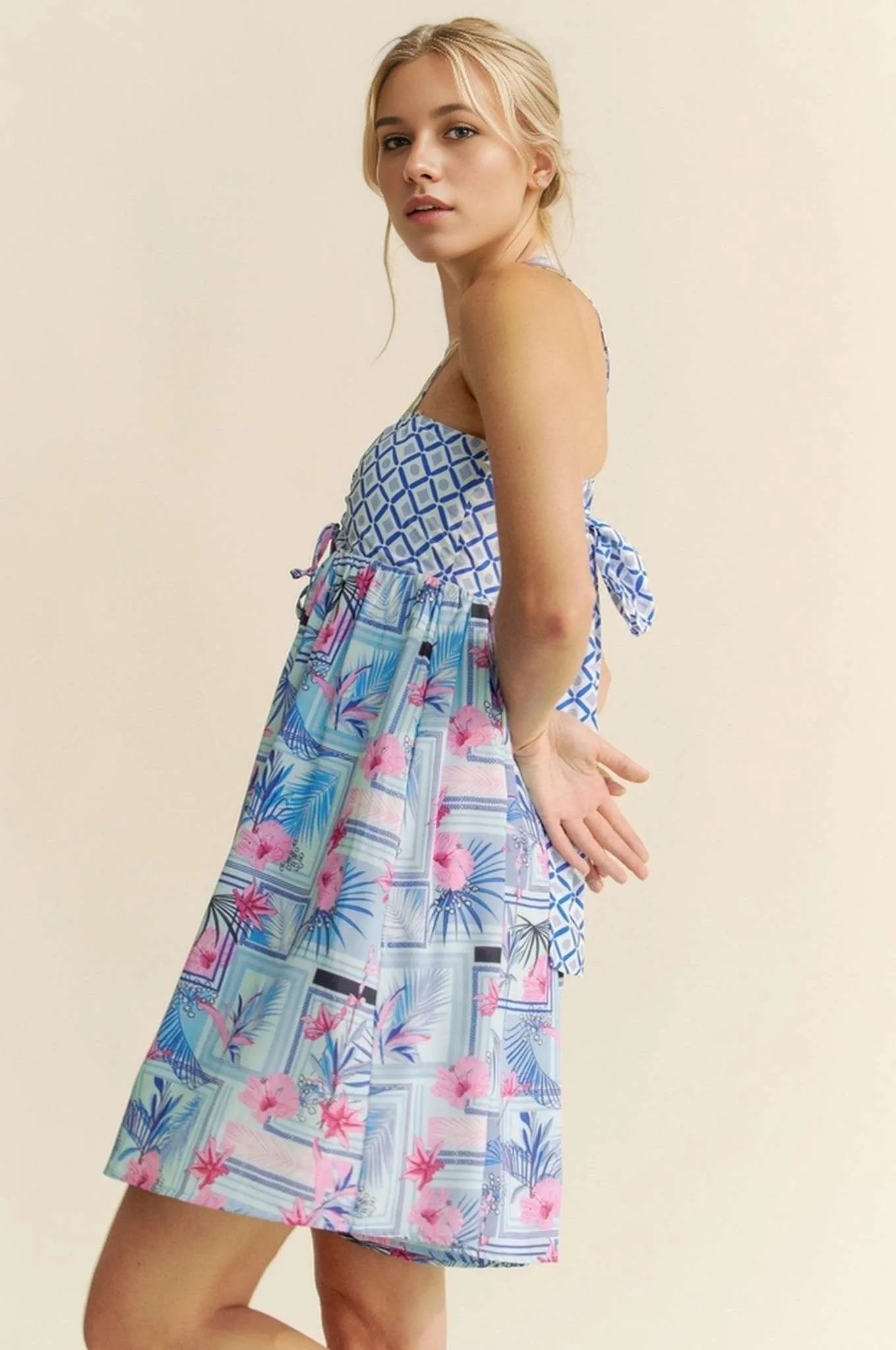Blue and pink tropical floral geo print tie-back tube top romper by Davi & Dani, casual summer outfit for women.