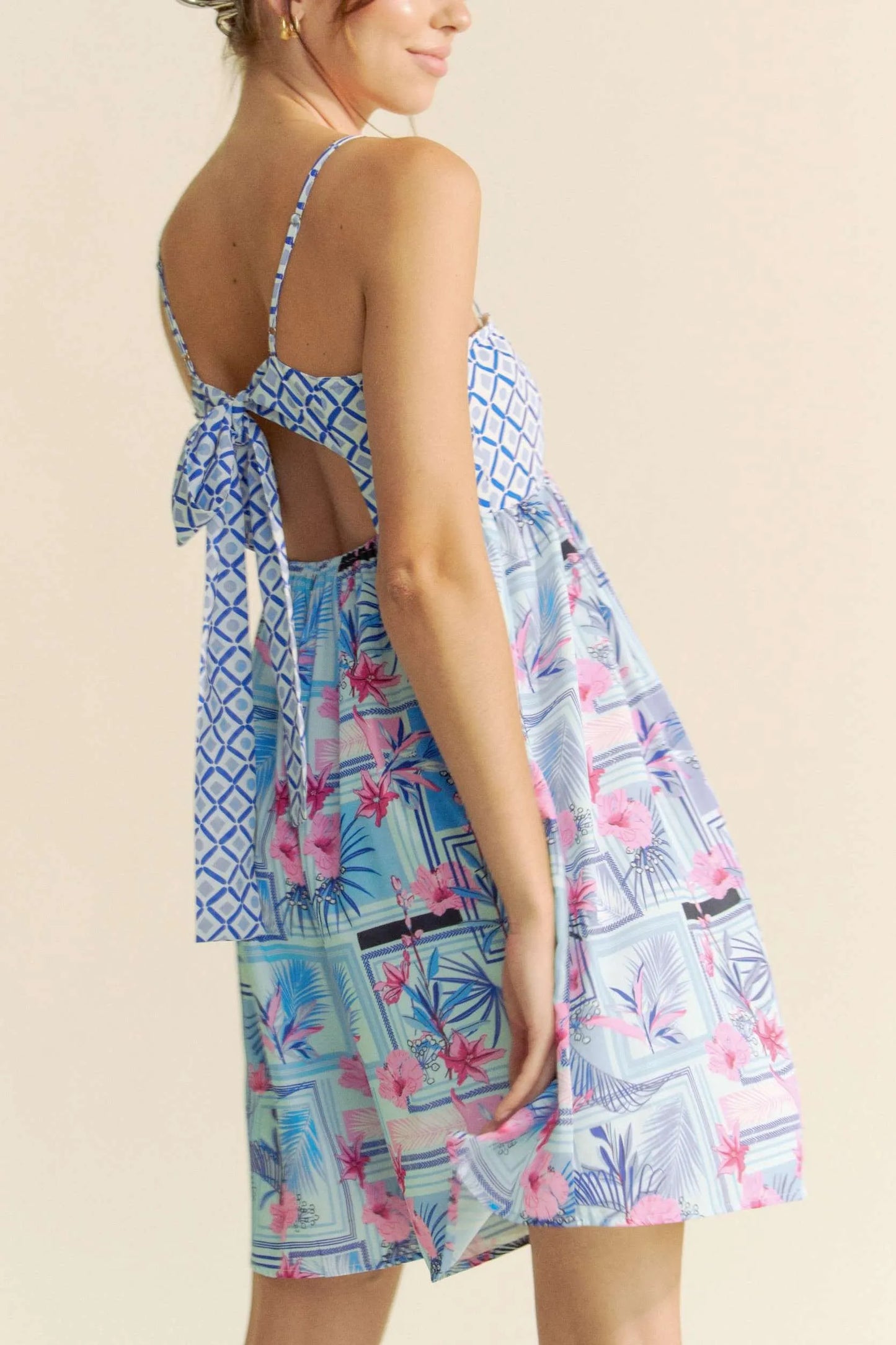 Davi & Dani tropical floral geo print tie-back tube top romper in blue and pink, perfect for warm weather.