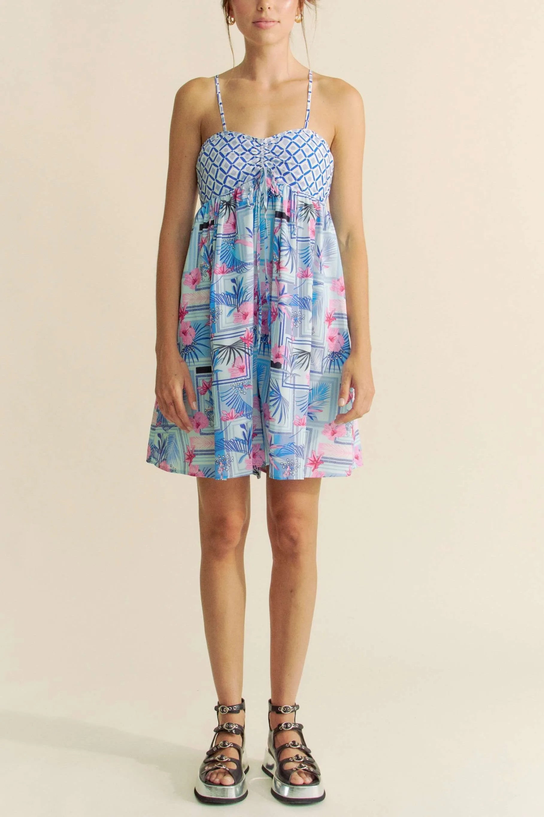 Blue and pink tropical floral geo print tie-back tube top romper by Davi & Dani, stylish and lightweight for warm weather.