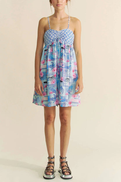 Blue and pink tropical floral geo print tie-back tube top romper by Davi & Dani, stylish and lightweight for warm weather.