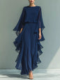 Blue ruffled chiffon long sleeve top and matching pants set by Trendsi, stylish and lightweight for elegant casual wear.