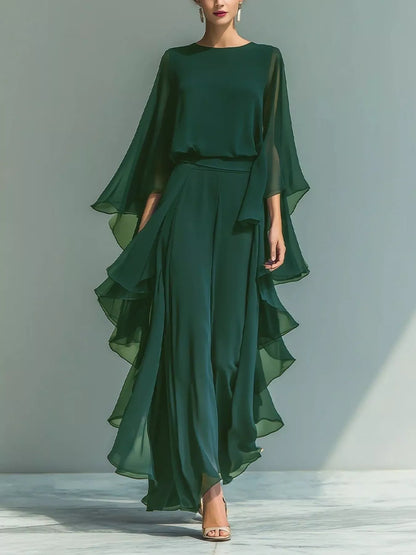 Blue ruffled chiffon long sleeve top and matching pants set by Trendsi, stylish and elegant for dressy occasions.