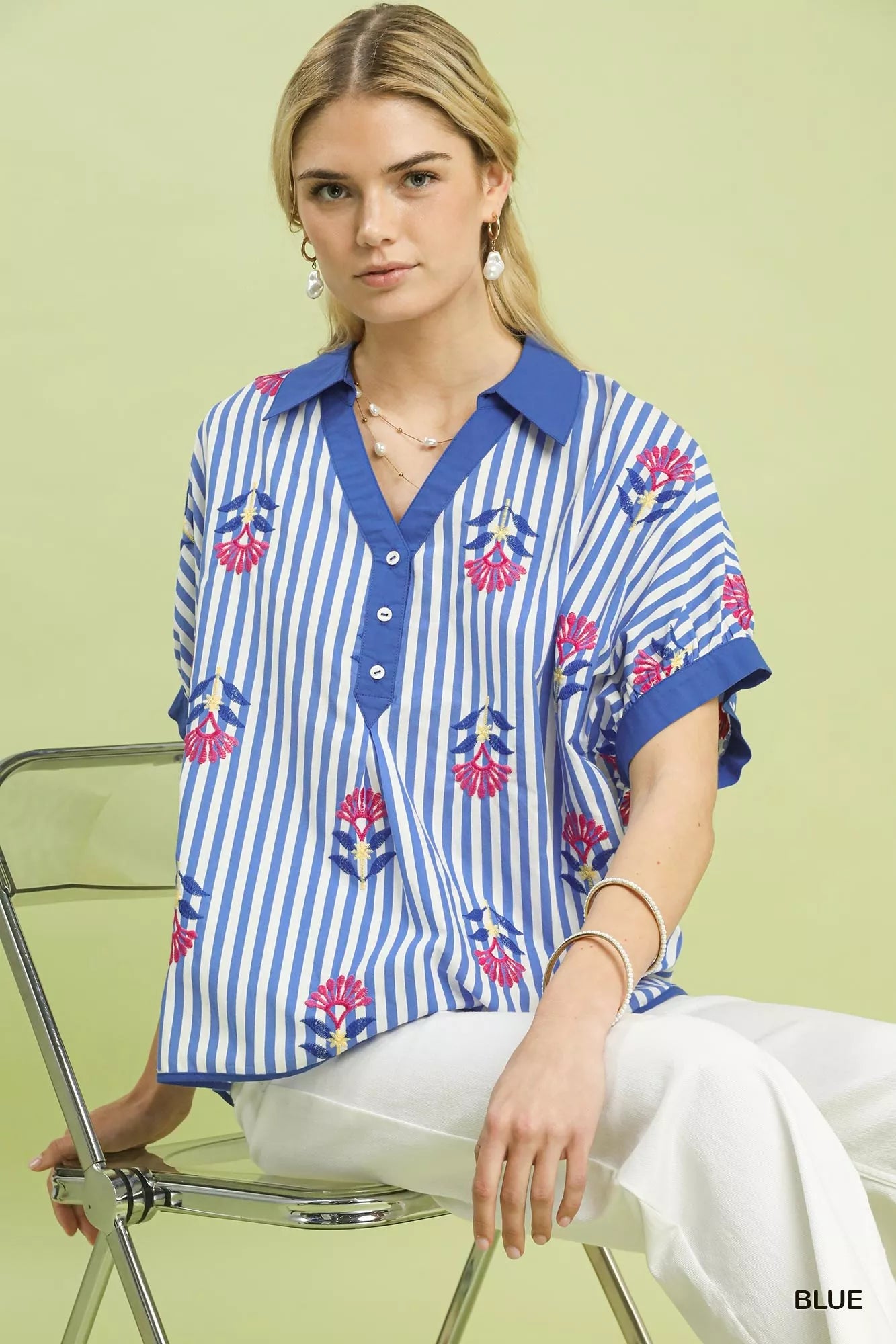 Blue Umgee striped boho blouse with embroidery, button-front design, casual style, perfect for a relaxed, trendy look.
