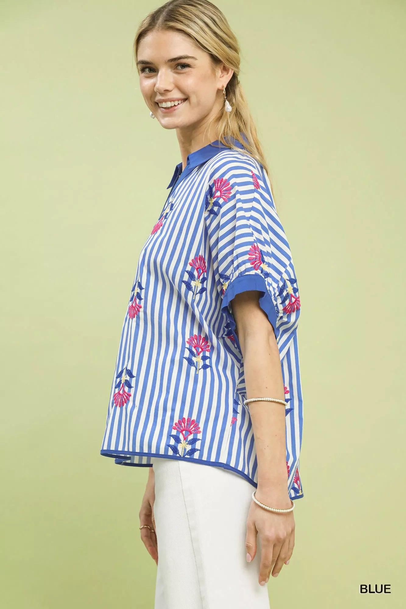 Blue Umgee striped boho blouse with embroidered details and button-front design, perfect for casual and stylish looks.