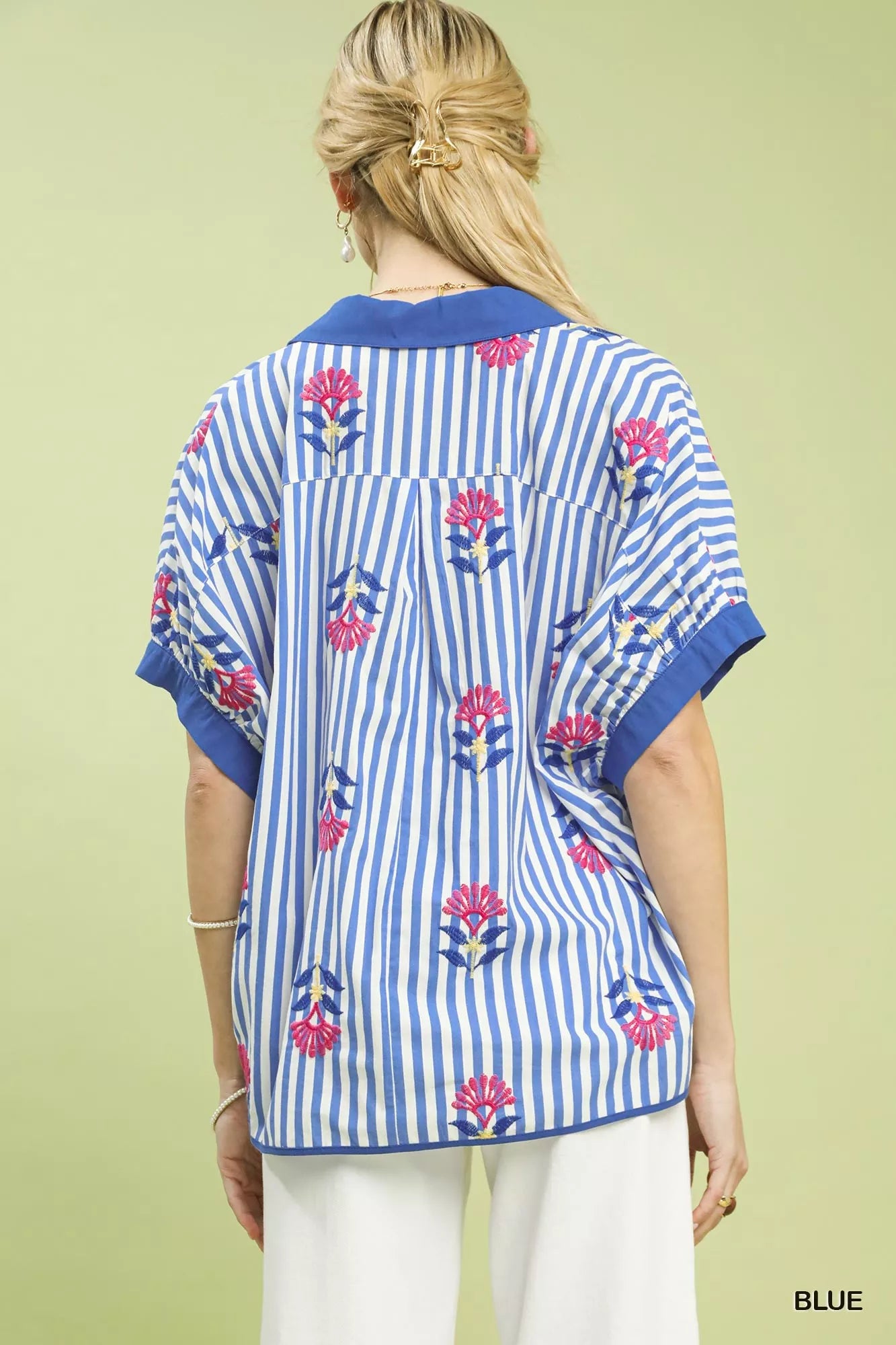 Blue Umgee stripe embroidered boho blouse with button-front closure and relaxed fit, featuring intricate embroidery details.
