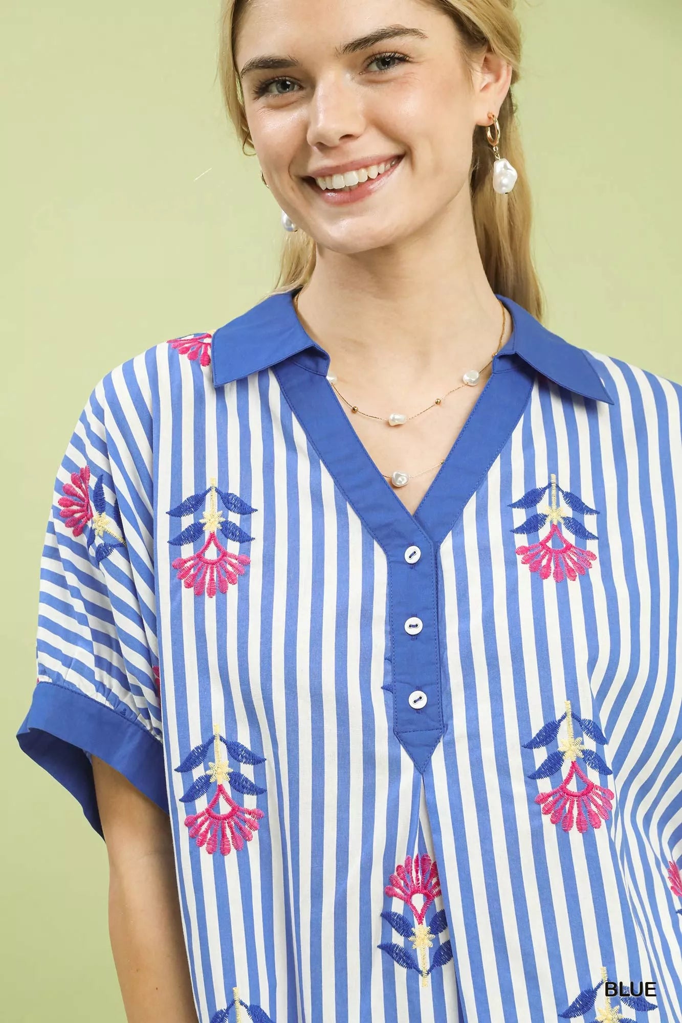 Blue Umgee striped embroidered boho blouse with button-front and relaxed fit, perfect for casual and bohemian style.