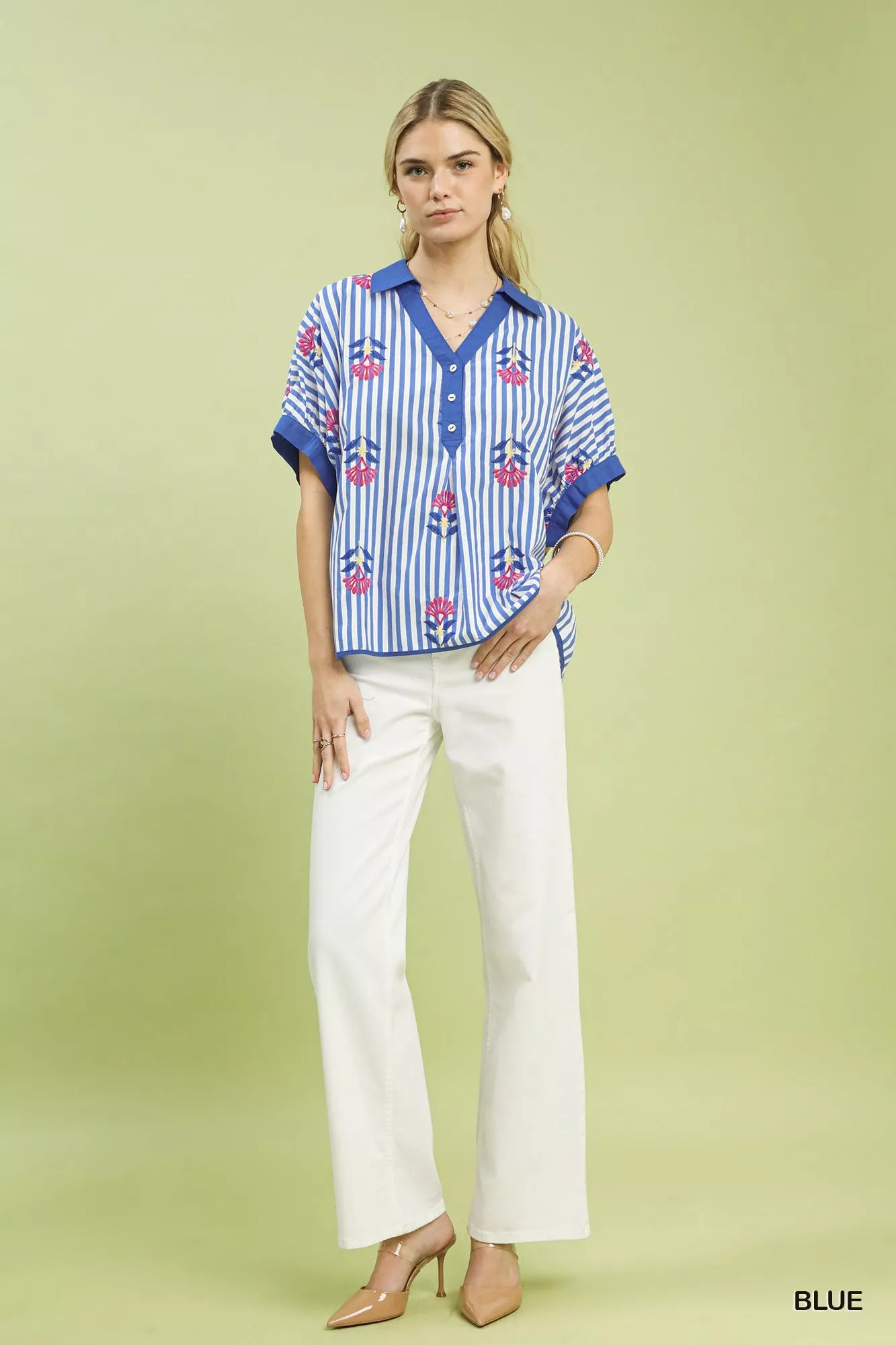 Blue Umgee striped boho blouse with embroidered details and button-front closure, casual and stylish for everyday wear.