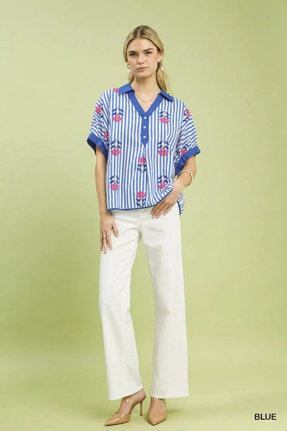 Blue Umgee striped boho blouse with embroidered details and button-front closure, casual and stylish for everyday wear.