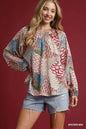 Brown mixed feather print peasant blouse by Umgee featuring boho style and relaxed fit.