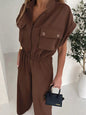 Brown cargo pocket zipper front jumpsuit by Trendsi, featuring a stylish design with functional pockets and a front zipper closure.