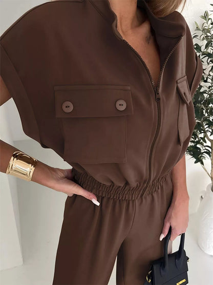 Brown cargo jumpsuit with zipper front and side pockets, featuring a stylish design by Trendsi.