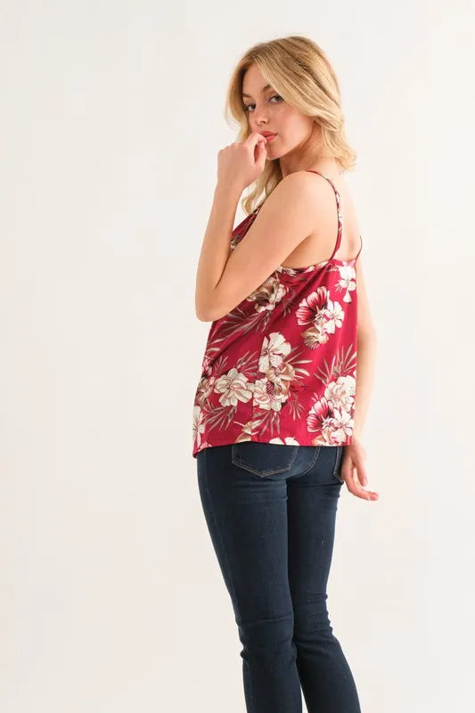 Burgundy floral printed casual tank top from And The Why by Trendsi, featuring a relaxed fit and sleeveless design.