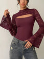 Burgundy lace cut-out flare sleeve bodysuit by Trendsi, featuring intricate lace details and stylish flare sleeves.