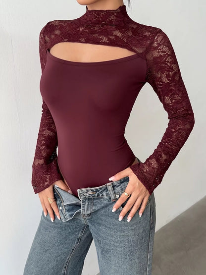 Burgundy lace cut-out flare sleeve bodysuit by Trendsi, featuring intricate lace details and stylish flare sleeves.