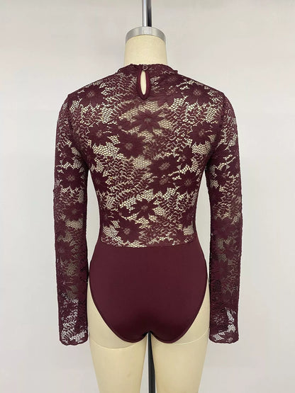 Burgundy lace cut-out flare sleeve bodysuit by Trendsi, featuring elegant lace details and stylish flare sleeves.