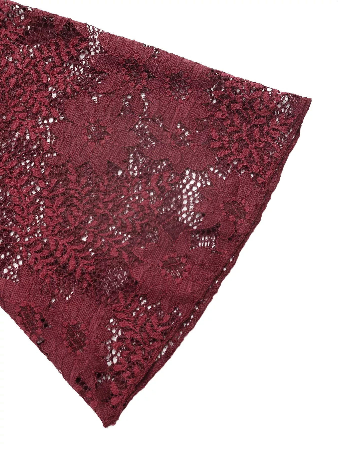 Burgundy lace cut-out flare sleeve bodysuit by Trendsi featuring intricate lace details and stylish flare sleeves.