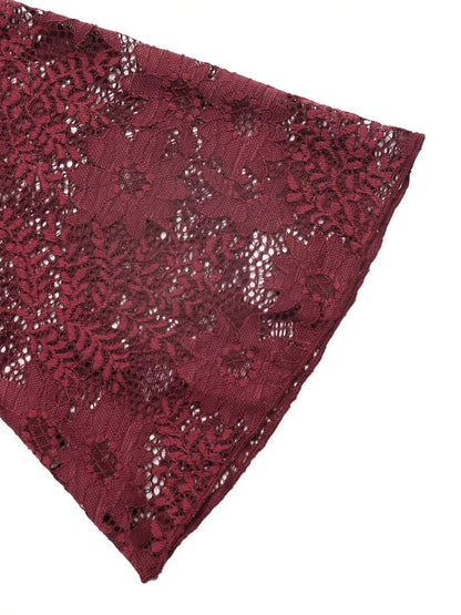 Burgundy lace cut-out flare sleeve bodysuit by Trendsi featuring intricate lace details and stylish flare sleeves.