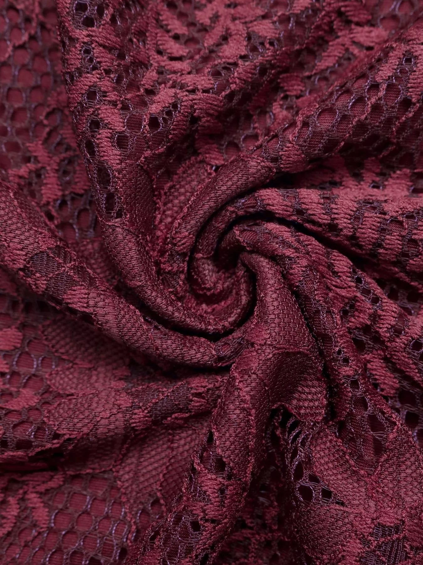 Burgundy lace cut-out flare sleeve bodysuit by Trendsi, featuring sheer lace details and stylish flare sleeves.