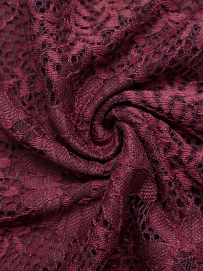 Burgundy lace cut-out flare sleeve bodysuit by Trendsi, featuring sheer lace details and stylish flare sleeves.