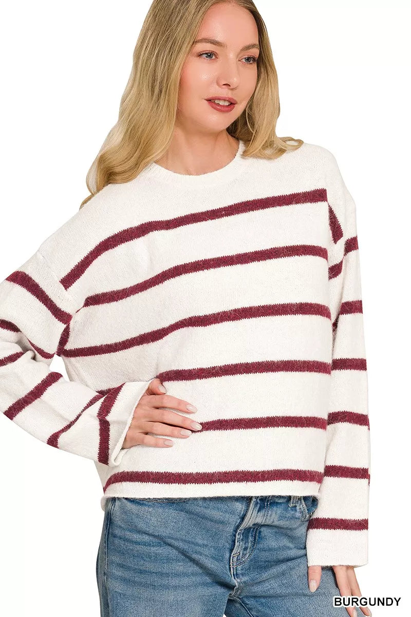 Burgundy Zenana wool blend striped sweater with long sleeves and ribbed cuffs, casual and cozy for cold weather.