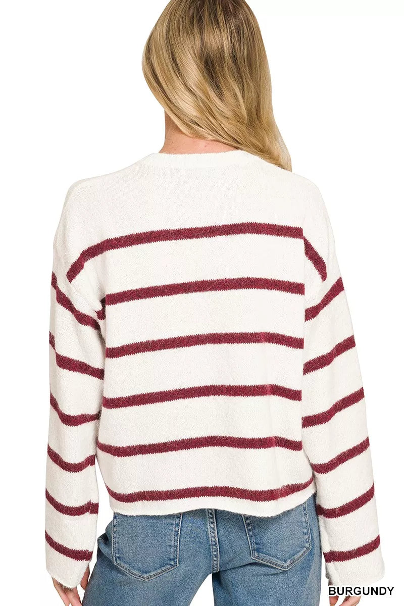 Burgundy Zenana wool blend striped sweater with long sleeves and cozy knit texture, designed for comfortable casual wear.