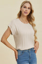 Plus size Trendsi Double Take cable-knit round neck short sleeve sweater, full size, cozy and stylish knit top for women.