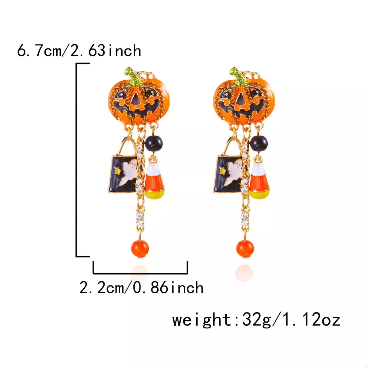 Halloween pumpkin drop earrings featuring orange pumpkin charms with black accents, stylish dangle jewelry by Trendsi.