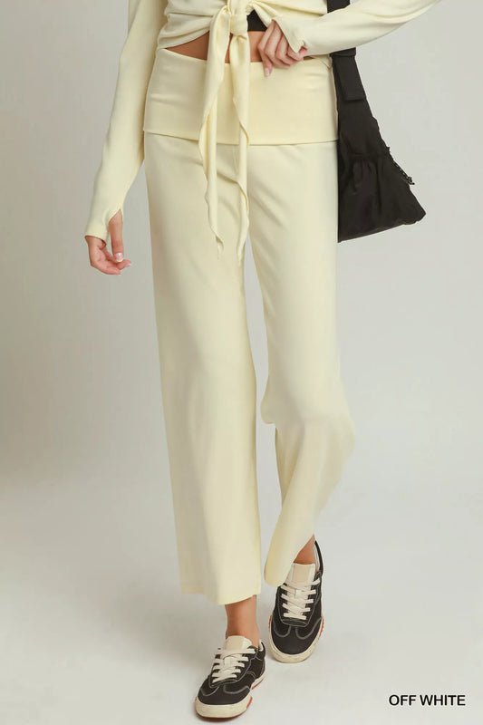 Light beige Umgee cotton viscose straight-leg pants with a folded waistband and relaxed fit, perfect for casual wear.