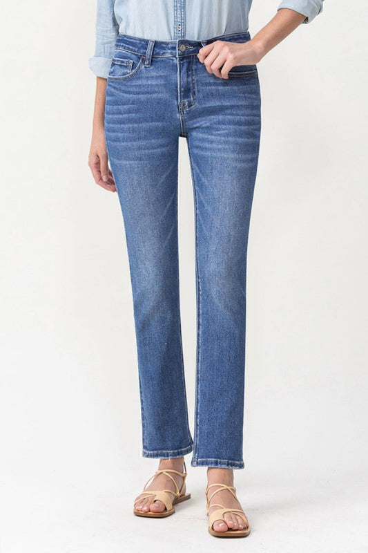 Full size Maggie midrise slim ankle straight jeans by Lovervet, showing dark denim fabric and classic five-pocket design.