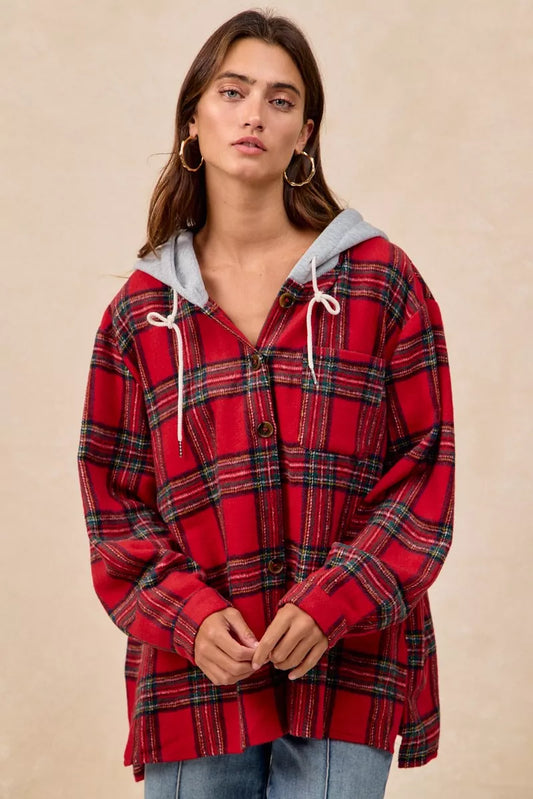 BiBi Brushed Plaid Hooded Jacket in cozy, soft fabric with a classic plaid pattern and adjustable hood for casual wear.