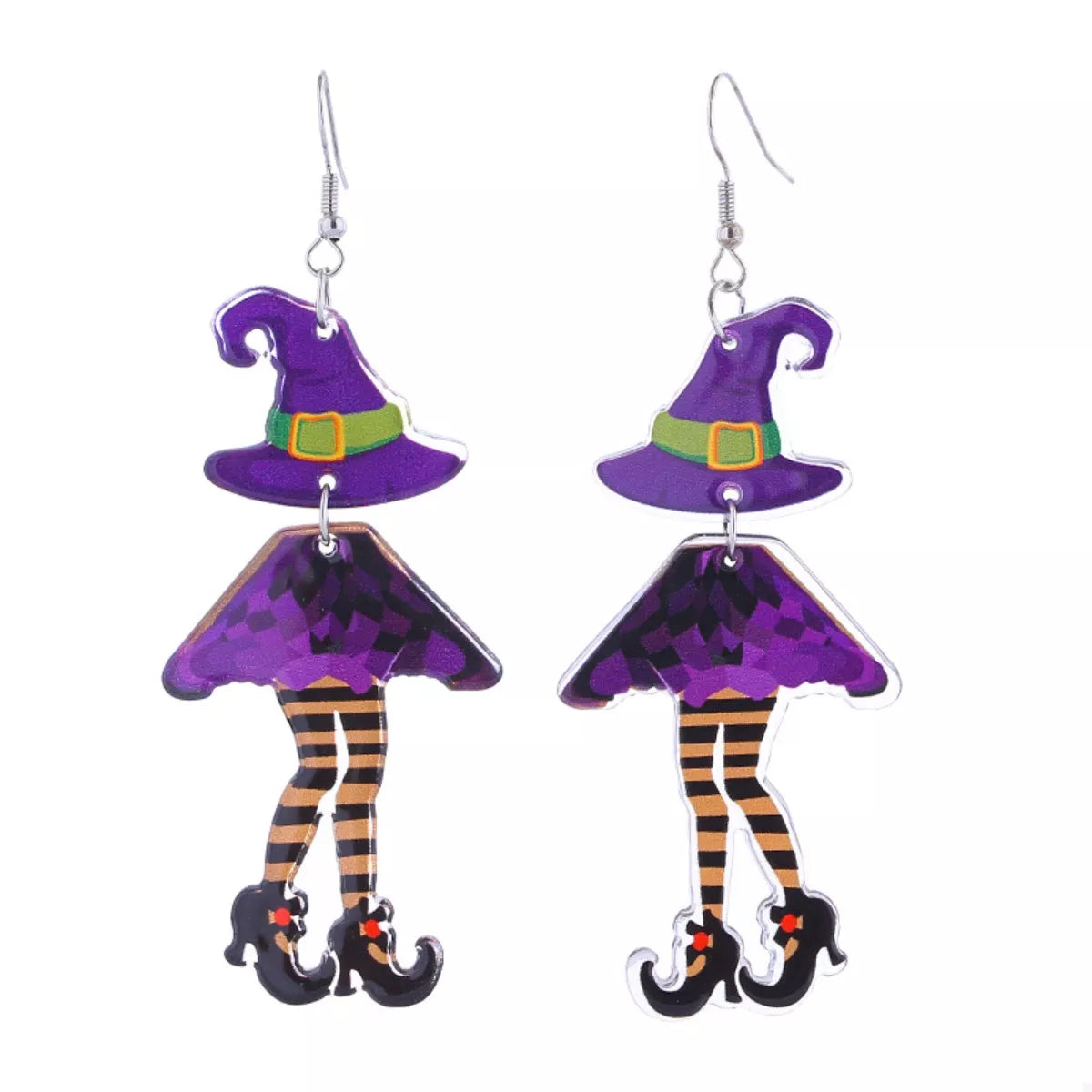 Halloween Witch Hat and Legs dangle earrings featuring spooky witch-themed charms, perfect for festive costume accessories.