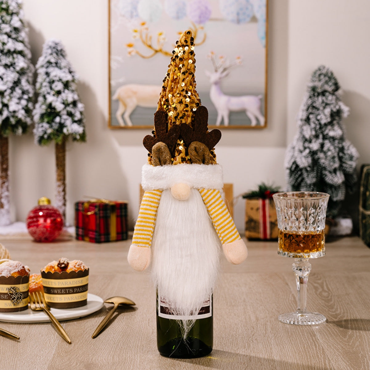 Sequin pointed hat wine bottle cover by Trendsi featuring shiny sequins and a pointed shape for festive wine presentation.