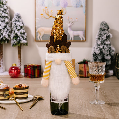 Sequin pointed hat wine bottle cover by Trendsi featuring shiny sequins and a pointed shape for festive wine presentation.