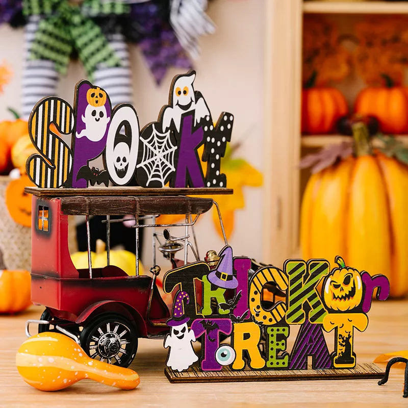 Halloween wooden decorative tabletop ornament featuring spooky design, perfect for seasonal home decor from Trendsi.