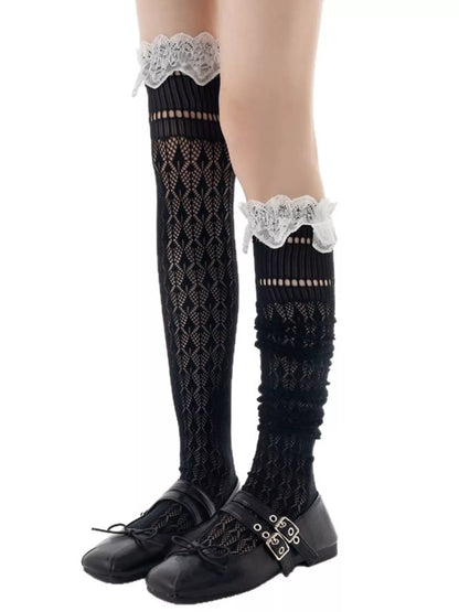 Lace over-the-knee hollow-out stockings from Trendsi featuring intricate lace design and sheer fabric for stylish legwear.