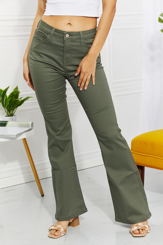 Olive green Zenana Clementine high-rise bootcut jeans with full size fit, featuring classic denim style and trendy silhouette.