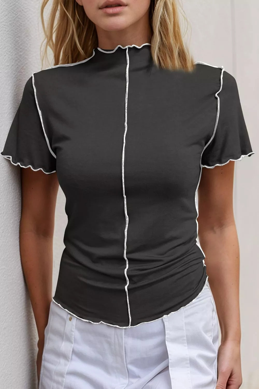 Trendsi Basic Bae mock neck casual top with wave edge, contrast stitching, ruffle short sleeves, slim fit, stylish and comfortable.