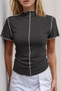 Trendsi Basic Bae mock neck casual top with wave edge, contrast stitching, ruffle short sleeves, slim fit, stylish and comfortable.