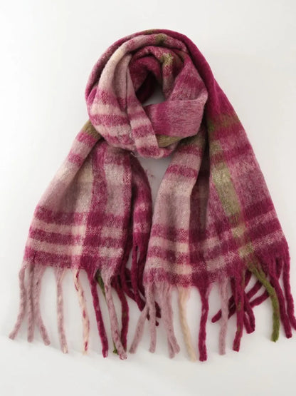 Polyester plaid scarf with fringe details from Trendsi, featuring a cozy, stylish design in classic checkered pattern.