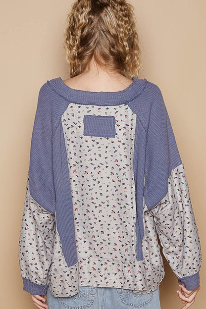 POL Waffle Knit Floral Notched Long Sleeve Top