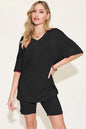 Basic Bae Bamboo full size V-neck drop shoulder T-shirt and shorts set by Trendsi, featuring soft bamboo fabric and casual style.
