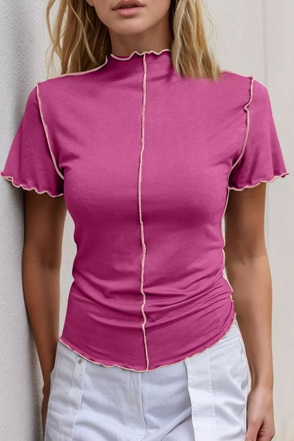 Trendsi Basic Bae mock neck casual top with wave edge, contrast stitching, ruffle short sleeves, slim fit.