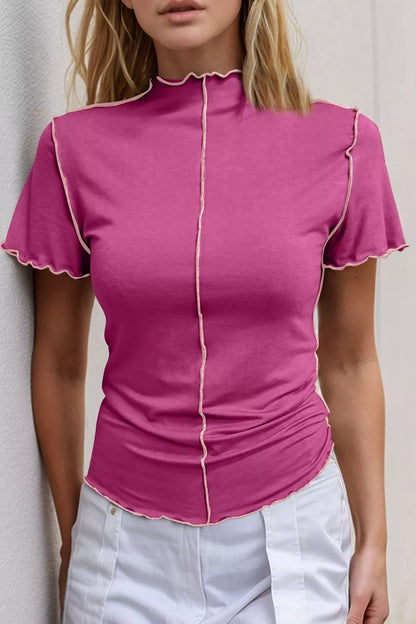 Trendsi Basic Bae mock neck casual top with wave edge, contrast stitching, ruffle short sleeves, slim fit.