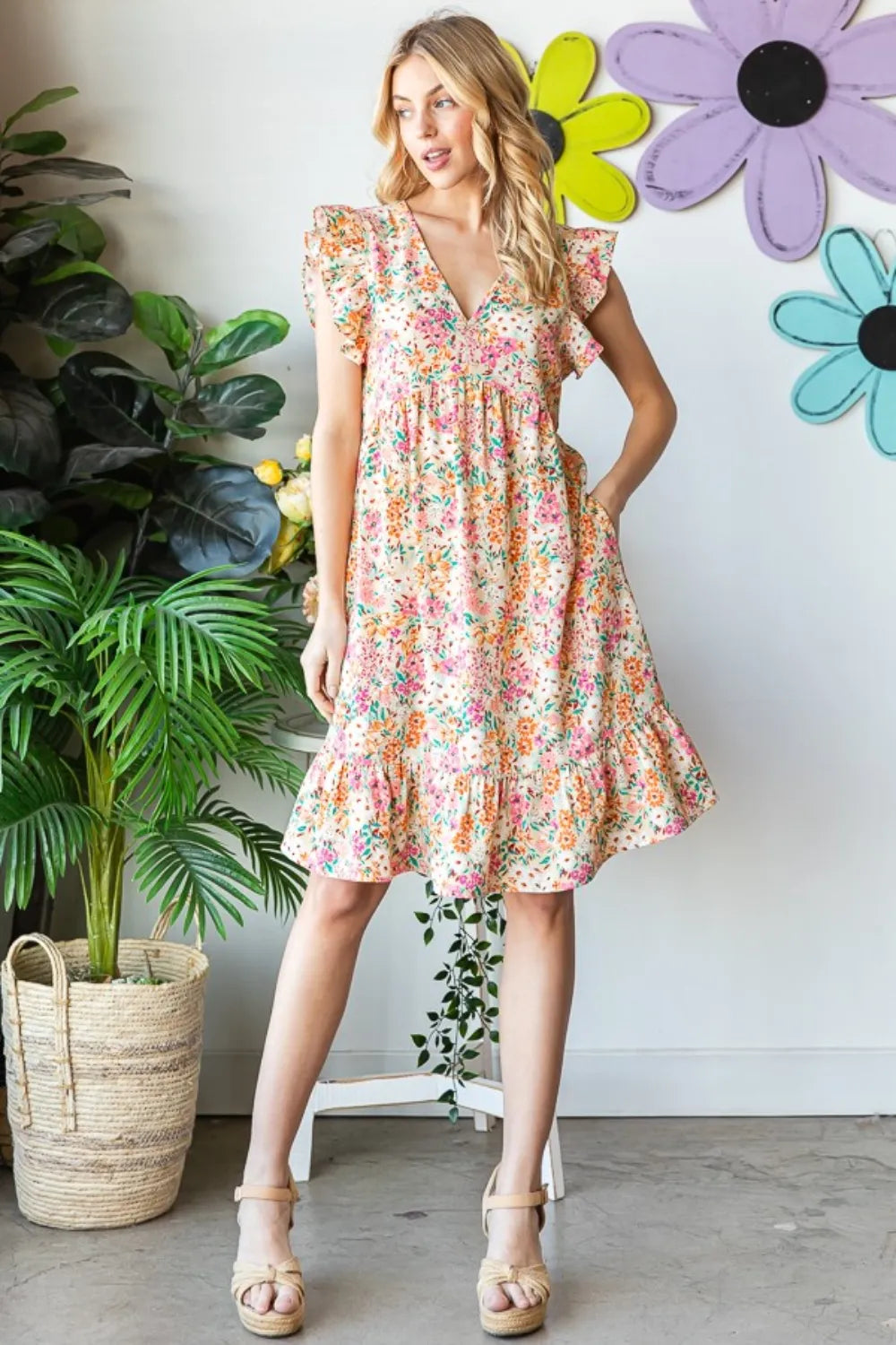 Heimish full-size floral ruffled V-neck dress with lightweight fabric and feminine design, perfect for casual or semi-formal occasions.
