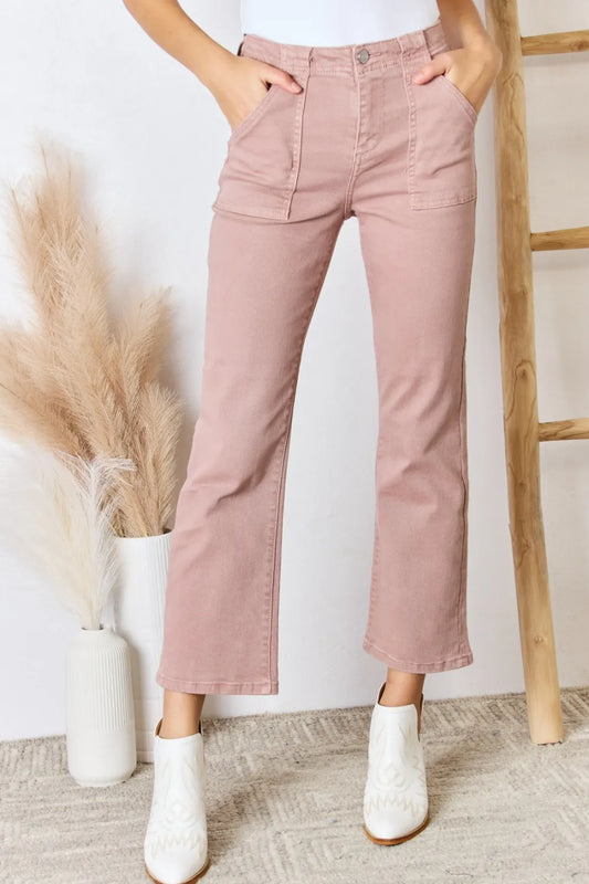 Risen full size high-rise ankle flare jeans with a fitted waist and flared leg, displayed on a model against a neutral background.