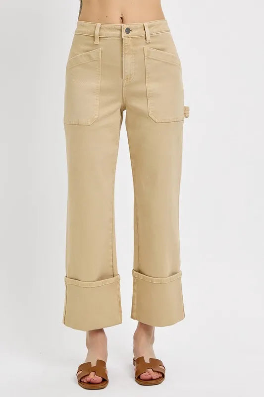 Plus size RISEN high rise wide straight cuffed patch jeans from Trendsi, showing the front view with distressed details and cuffed hems.